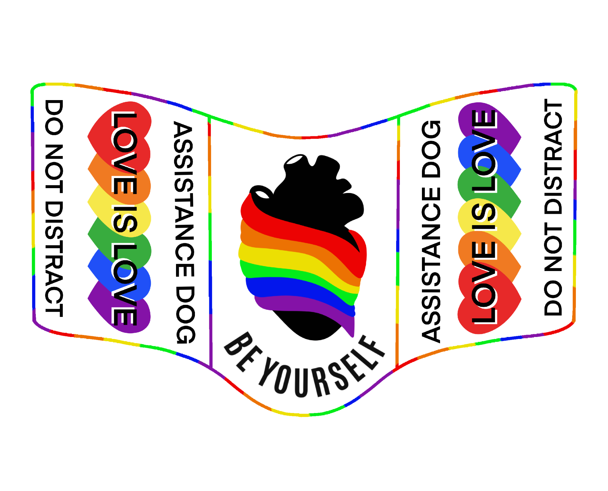 Assistance dog vest with rainbow heart, ‘Be Yourself’ text, and rainbow ‘Love is Love’ side panels.