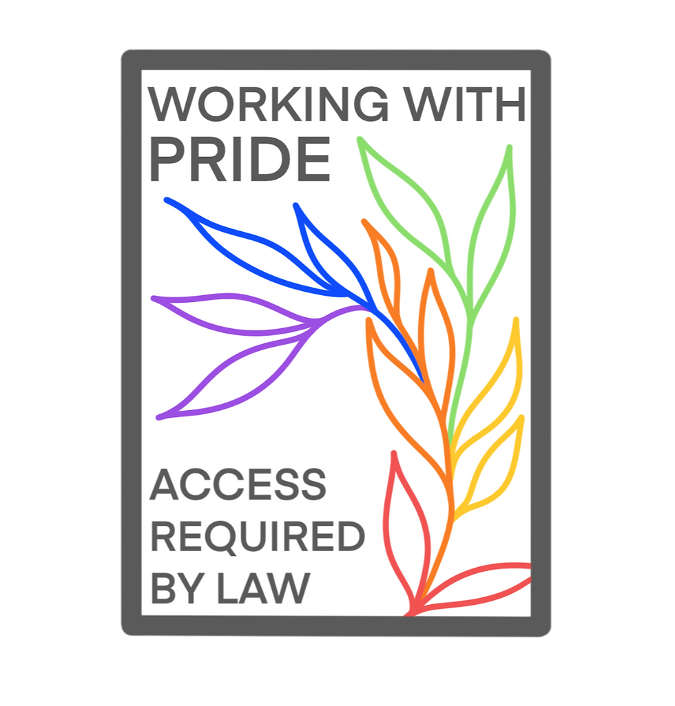 ‘Working with Pride’ patch with colourful leaf design in rainbow colours, stating ‘Access required by law’.