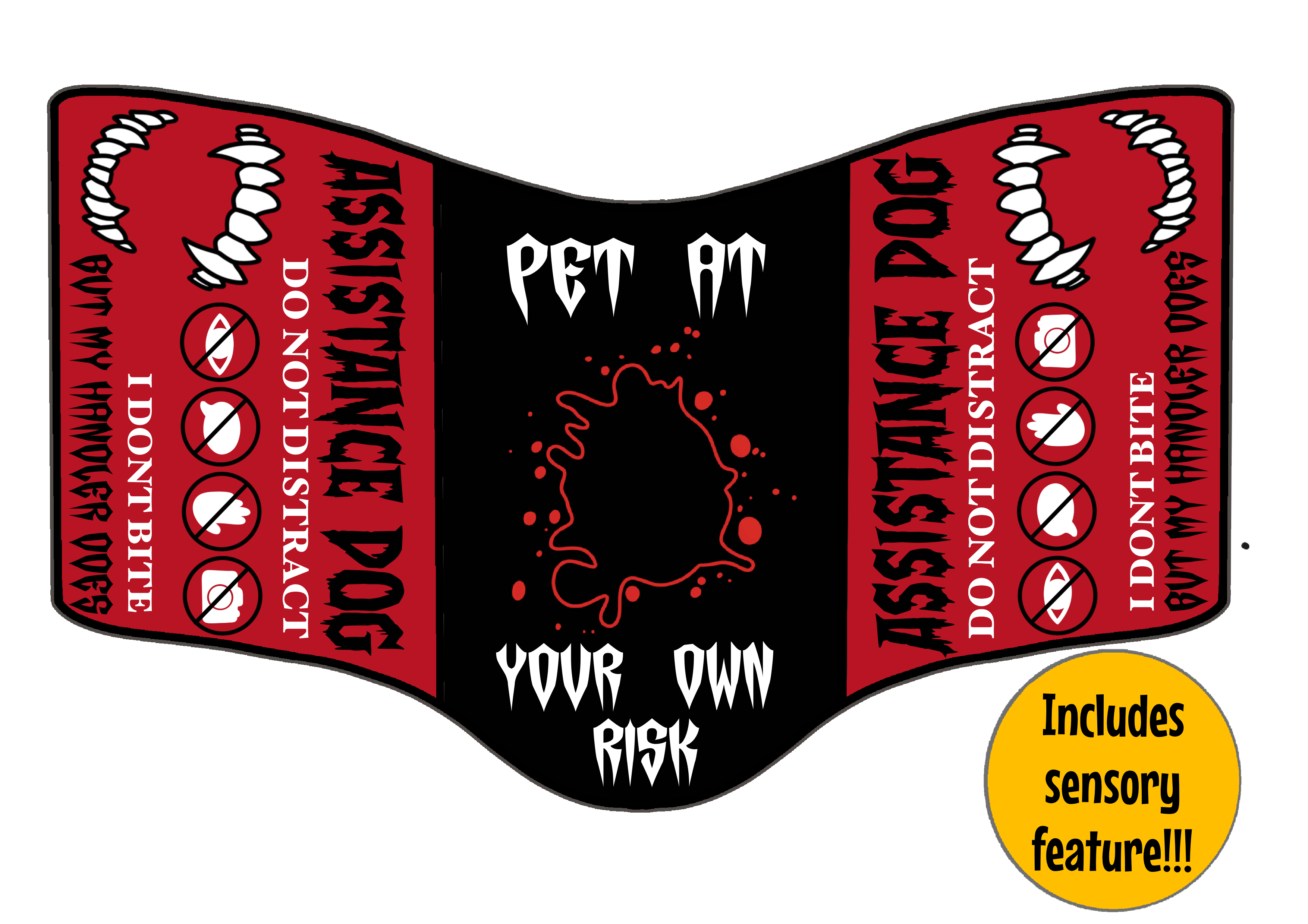 Red and black vest with fangs, blood splatter and Pet at Your Own Risk warning.