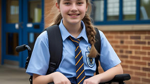 A female teenager in a wheelchair in school uniform