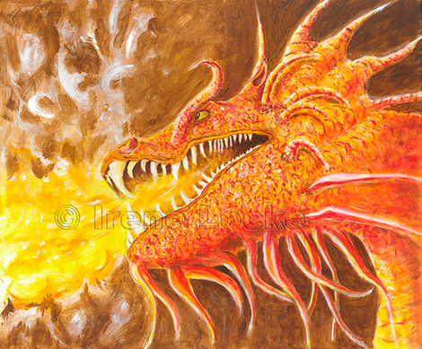 Red/Orange fiery dragon on brown background, breathing fire