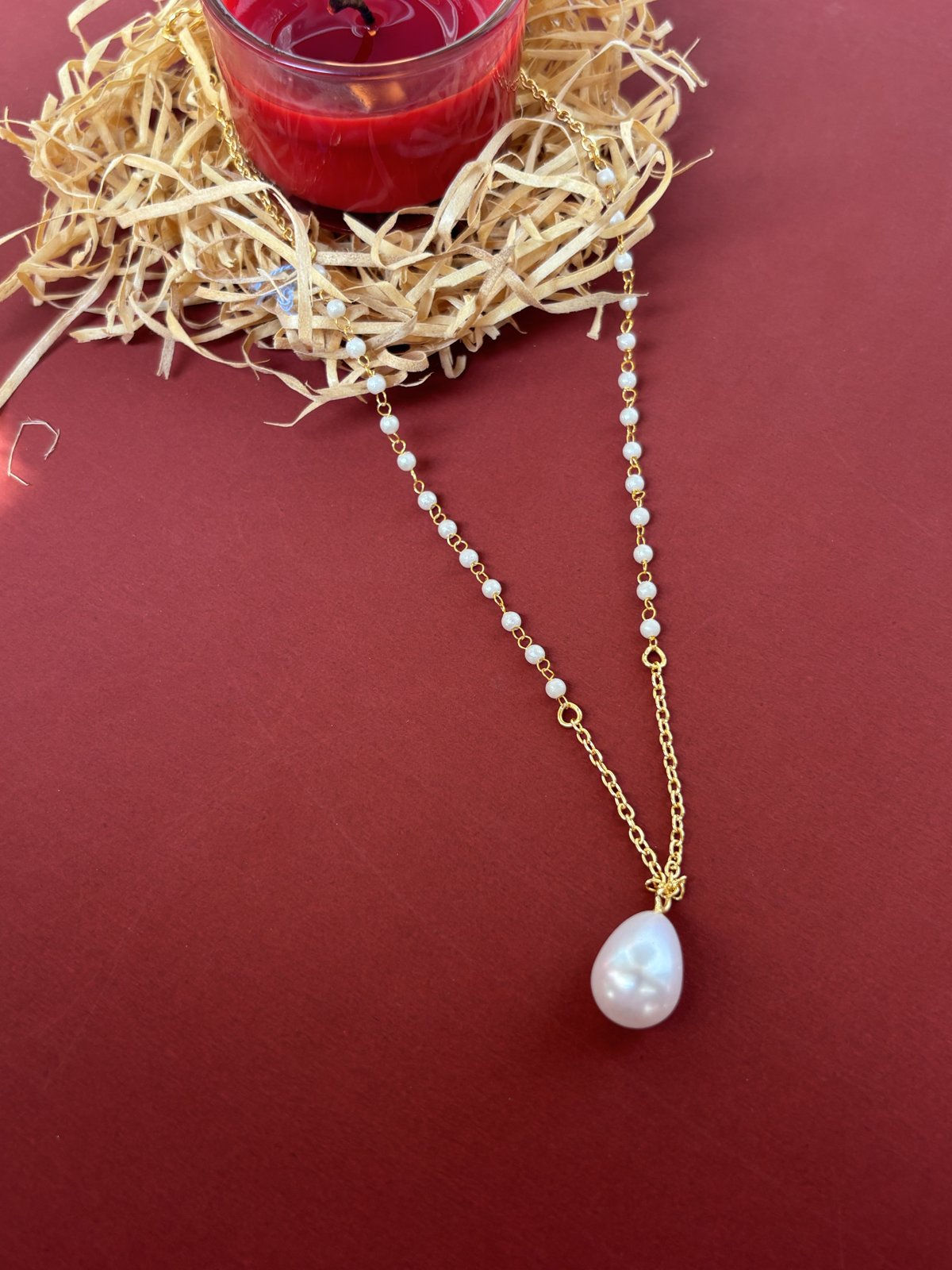 Gold Chain Pearl Station Necklace with Teardrop Pendant