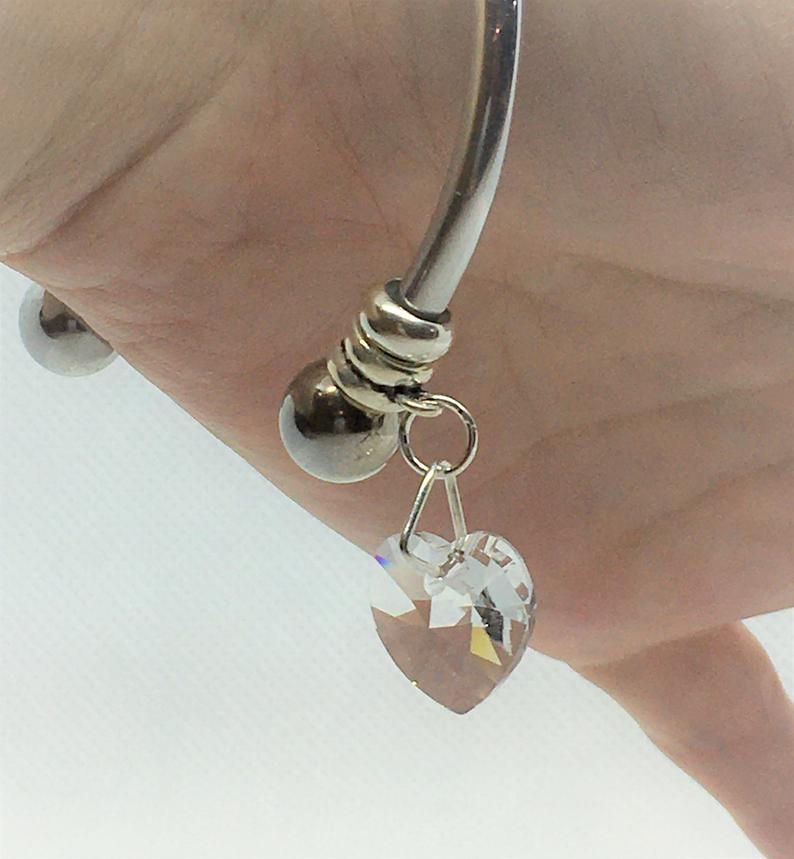 Thumbnail: Luxury Swarovski Crystal Love Heart Cuff Bracelet - 925 Solid Sterling Silver.