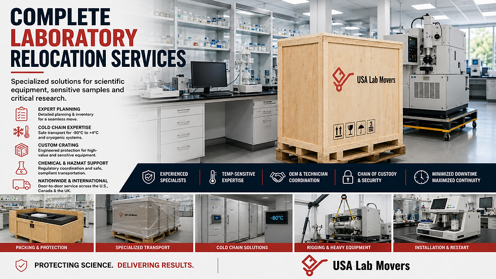 Planning a laboratory relocation requires far more than trucks and labor. From custom crating and scientific equipment handling to cold-chain transport, chemical relocation, rigging, OEM coordination, storage, and international logistics, every detail matters. This guide explains essential services, planning steps, and risk controls needed to protect valuable instruments, preserve research continuity, reduce downtime, and complete a safe, organized laboratory move anywhere in the U.S. or abroad.