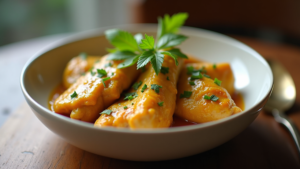 Eye-level view of a bowl of honey mustard chicken with fresh herbs