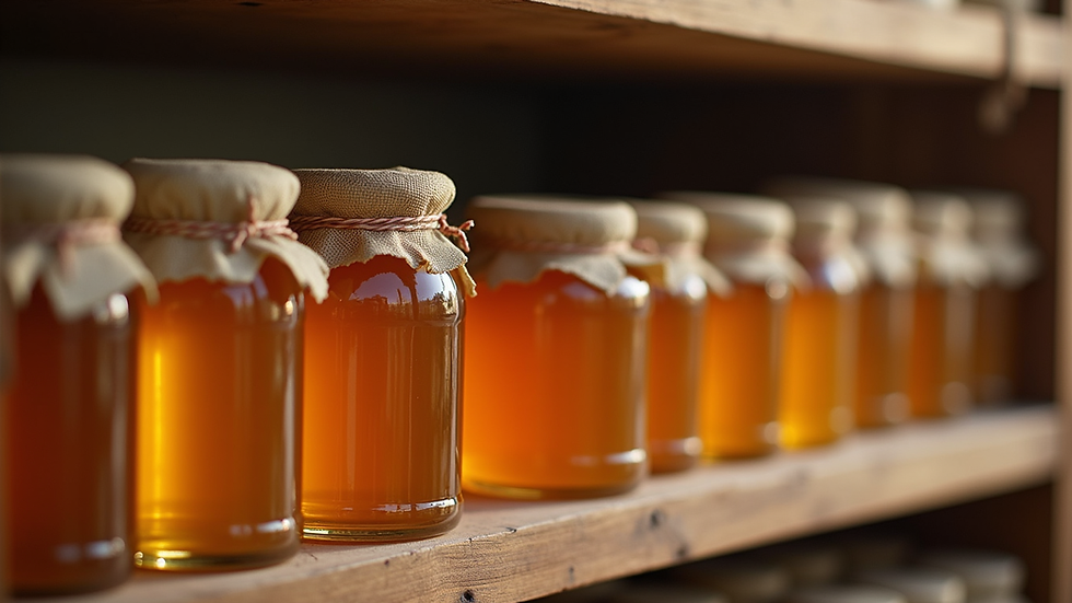 Eye-level view of honey jars lined up on a wooden shelf in a local market