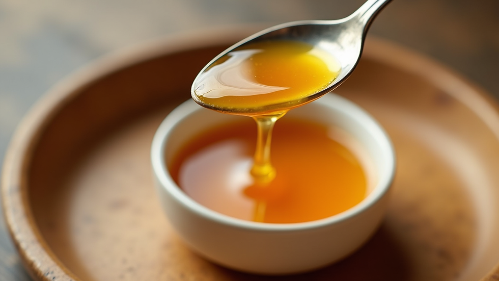 Eye-level view of a spoonful of raw honey dripping over a bowl