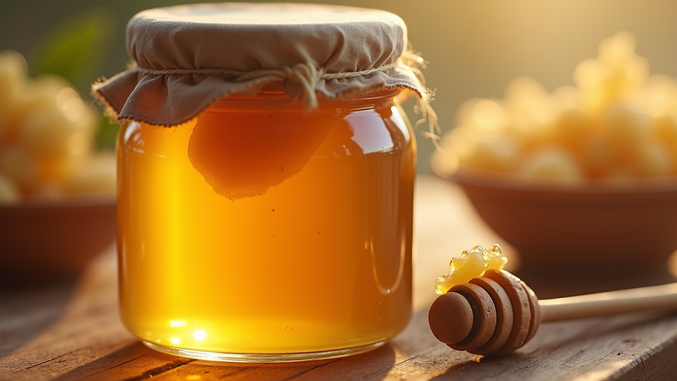 Close-up view of a jar of raw honey with honeycomb inside
