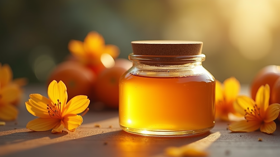 Close-up view of a honey jar with golden orange blossom honey