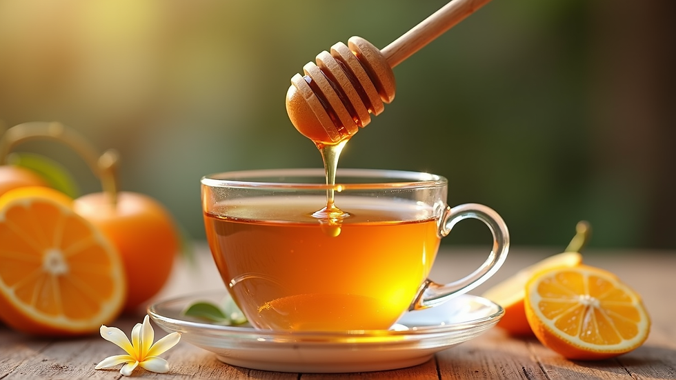Eye-level view of a honey dipper dripping orange blossom honey into a cup of tea