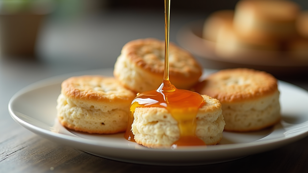 Close-up view of a honey drizzle over warm biscuits on a plate