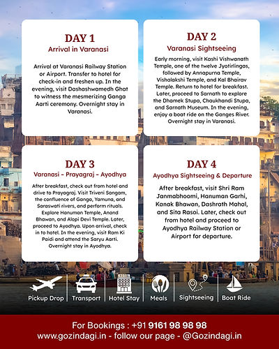 Explore the spiritual triangle of Varanasi, Ayodhya, and Prayagraj with Gozindagi.in. In Varanasi,