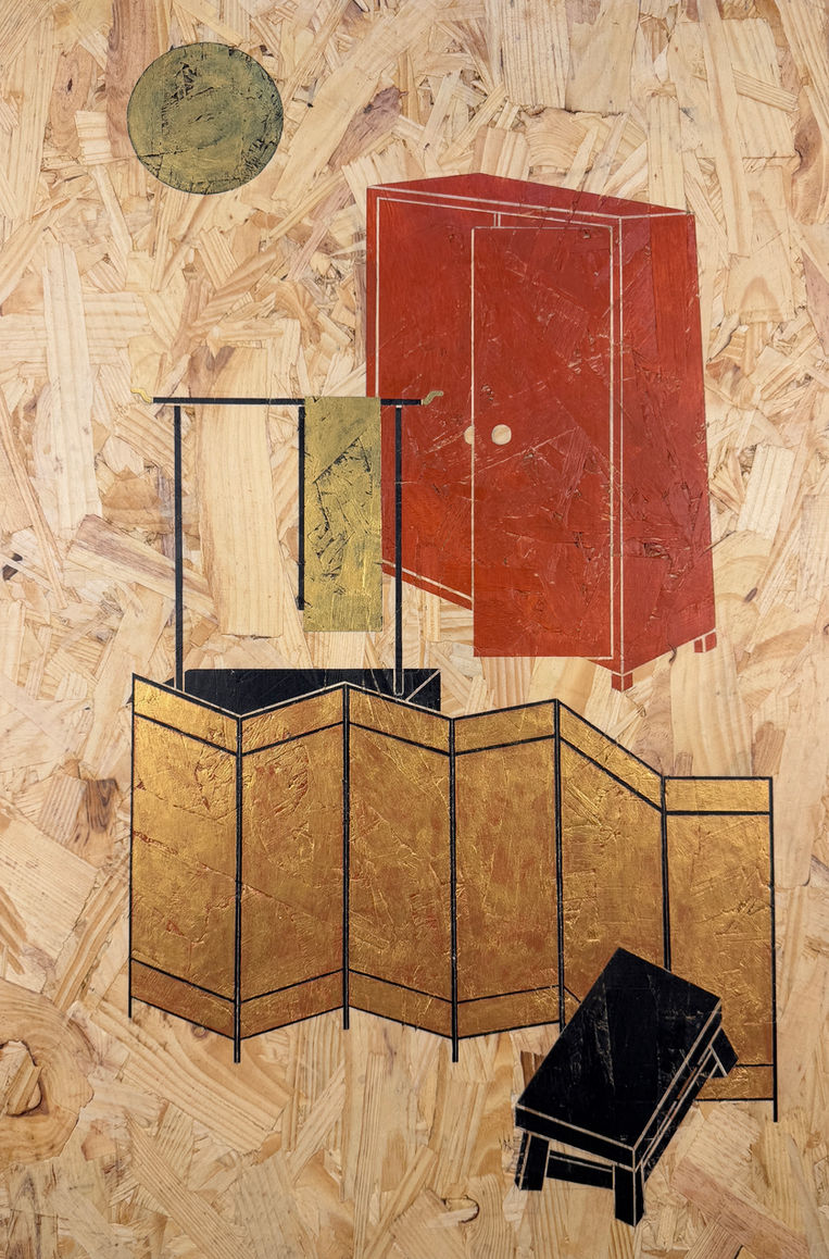 An artistic composition on oriented strand board showcases a mix of objects. There's a round green element, a vivid red cabinet, a clothing rack with items, a golden - hued folding screen, and a small black stool. This piece combines different shapes and rich colors, presenting a unique blend of modern and abstract art, perfect for collectors interested in contemporary works that play with spatial and material concepts.
