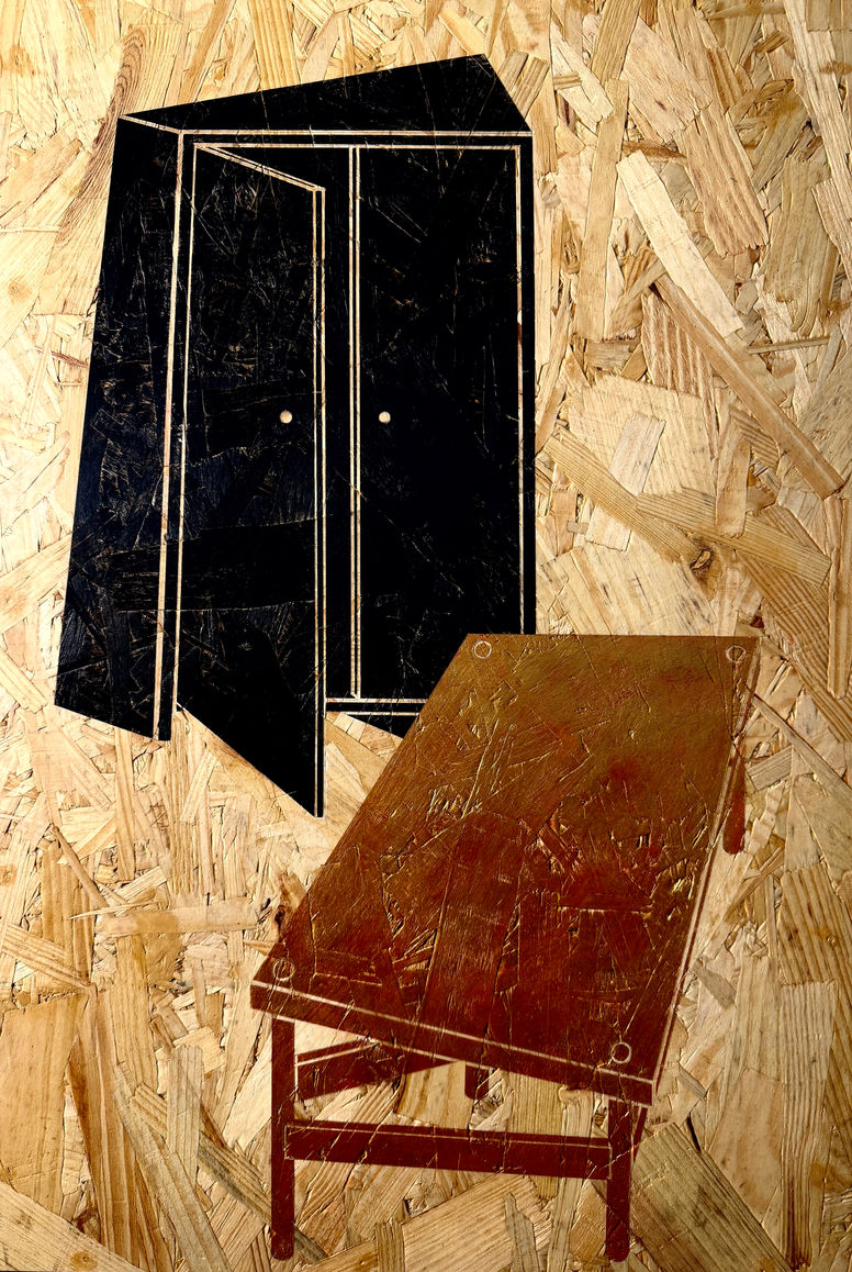 Artwork featuring a black cabinet with an open door and a brown table, set against a textured OSB (oriented strand board) background. This piece combines simple geometric shapes and bold colors, creating a visually striking contrast. Ideal for art collectors seeking modern, minimalist works that blend everyday objects with unique materials.