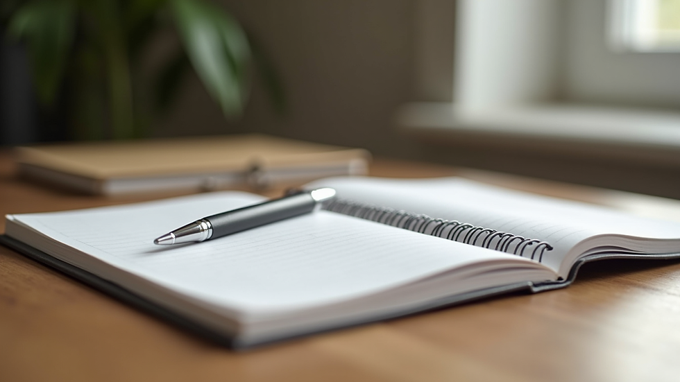 Close-up view of a notebook and pen on a wooden table, ready for a therapy session