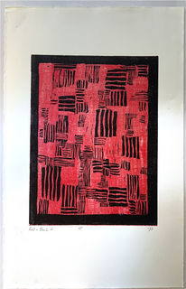 Original woodcut print of an abstract grid in black and red ink. Japanese art print. Minimalist art for home or office. Geometric art. Fine art woodcut for home or office.