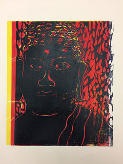 Original woodcut print of Buddha image in red, yellow, and black. Buddhist art. Buddha image for home or office. Zen art. Zen Buddhism art. Buddha art.