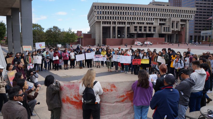 Protestors rallied outside the JFK Federal Building in Boston in September 2019, in response to ICE raids targeting the Cambodian community. (Photo courtesy of Asian American Resource Workshop.)