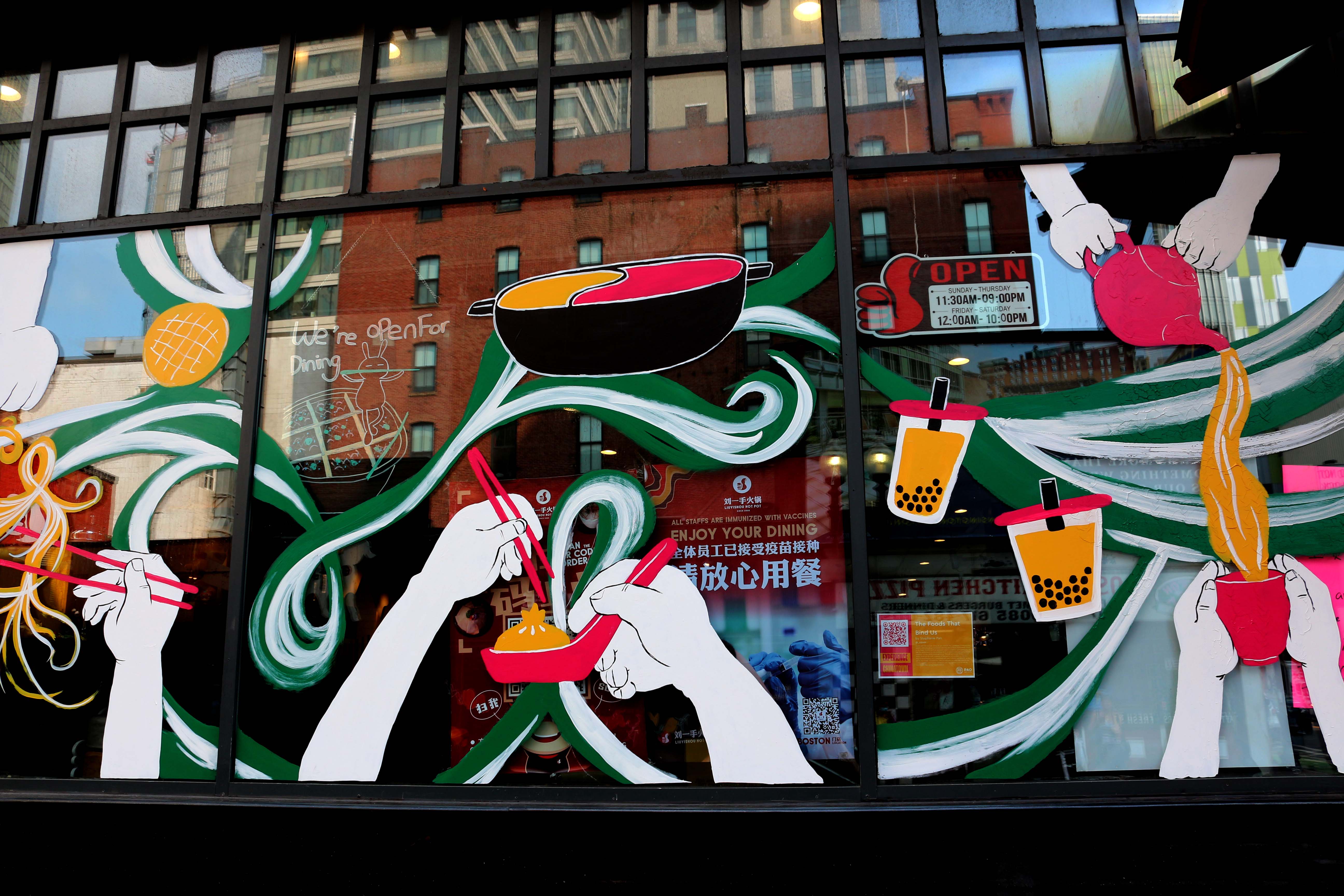artwork on windows of restaurant