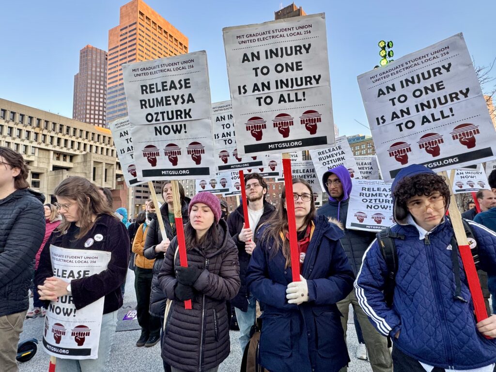 Demonstrators rally in support of Rumeysa Ozturk outside of Boston City Hall on April 1. Photo by Harmony Witte