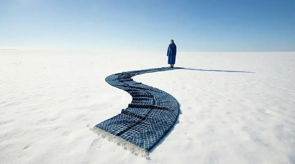 Handmade blue Moroccan rug unfolding across a minimalist desert landscape