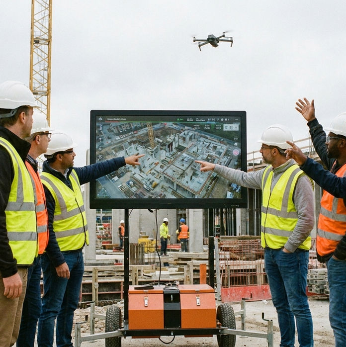 Des ouvriers en gilet jaune sur un chantier pointent un écran montrant une vue aérienne. Un drone vole au-dessus, ciel gris.