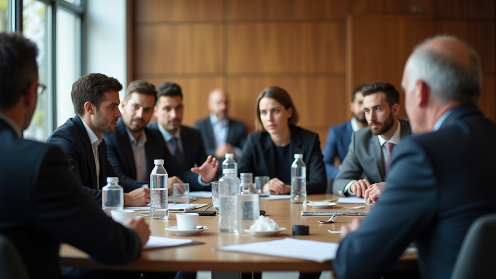 Eye-level view of a diverse group of individuals engaged in a negotiation discussion