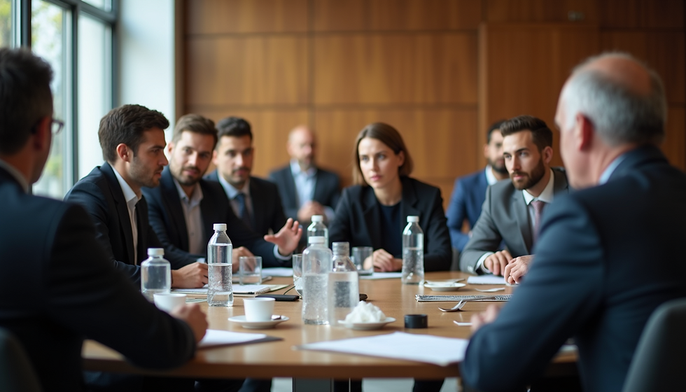 A diverse group of individuals engaged in a negotiation discussion, showcasing collaboration and communication.