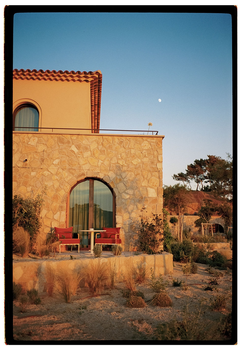 Zannier Hotel at Ile de Bendor during sunset, on 35mm film by Caroline Marchante wedding photographer