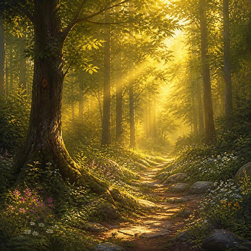 Atmospheric forest with golden sunbeams filtering through the trees, warm light rays, peac