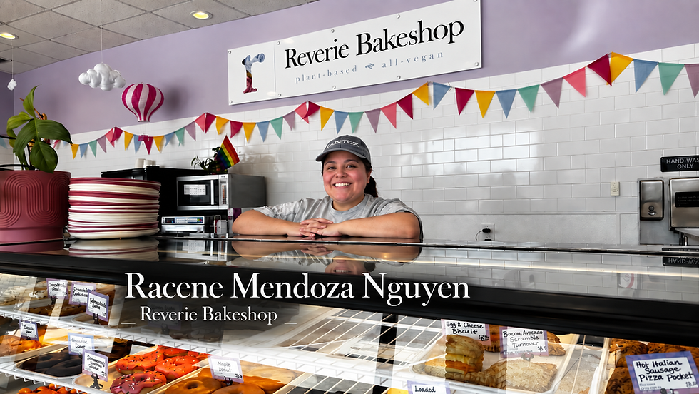 Racene Mendoza Nguyen standing behind the counter at Reverie Bakeshop in Richardson, Texas, during a community fundraiser supporting Justice for all Immigrants.