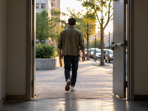 Man walking away through an open doorway, representing Sam leaving immigration detention after receiving lawful permanent resident status.