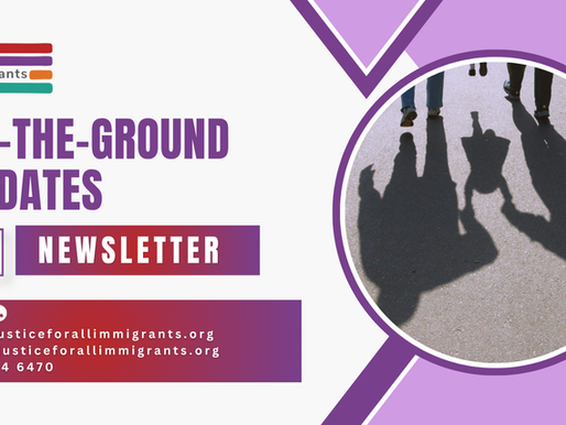 Justice for All Immigrants July 2026 newsletter cover featuring the title "On-the-Ground Updates" and the shadows of adults and a child walking together, symbolizing immigrant families, community, and access to justice.