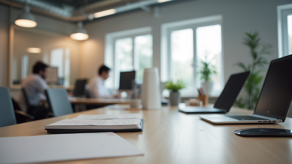 Eye-level view of a modern office workspace with branding materials