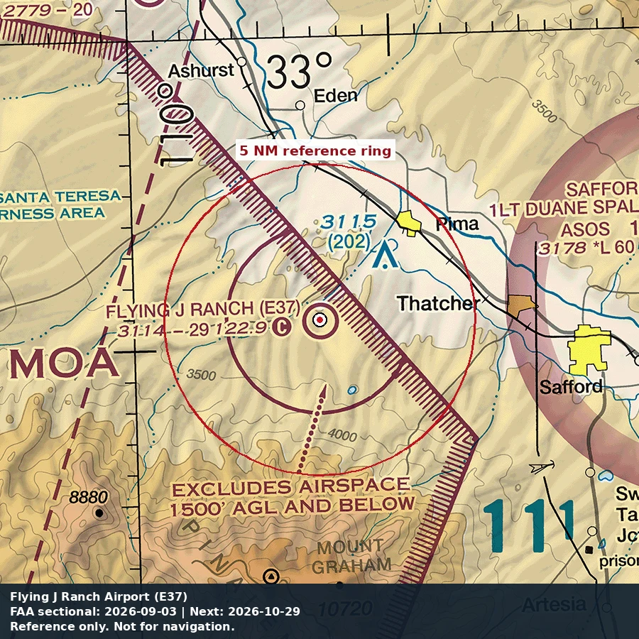 Flying J Ranch Airport: 5 NM chart reference. Not for navigation.