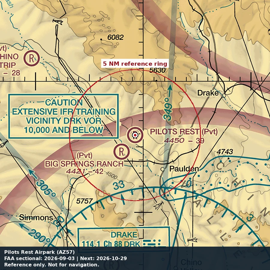 Pilots Rest Airpark: 5 NM chart reference. Not for navigation.