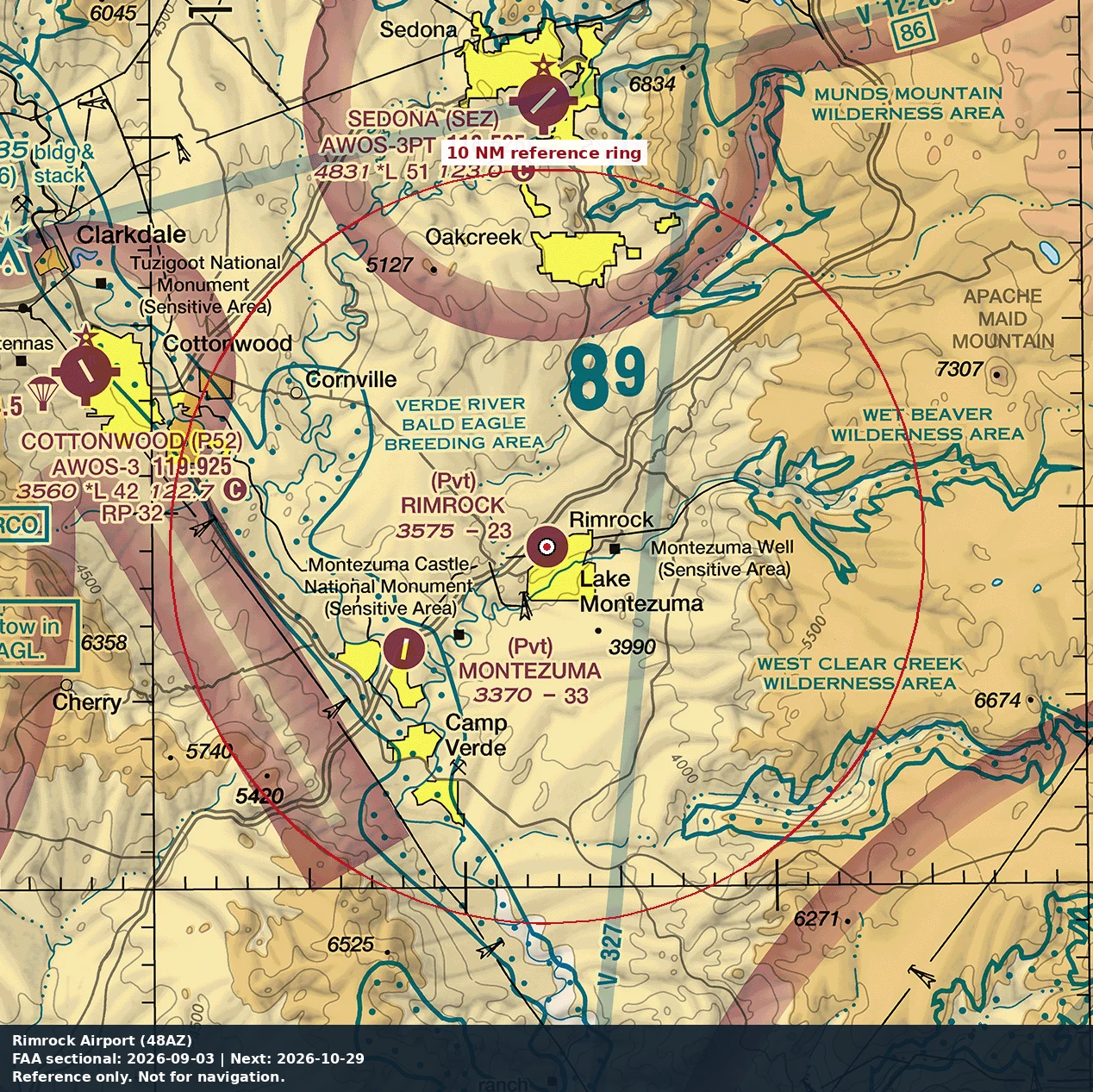 Rimrock Airpark: 10 NM chart reference. Not for navigation.