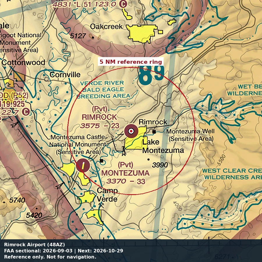 Rimrock Airpark: 5 NM chart reference. Not for navigation.