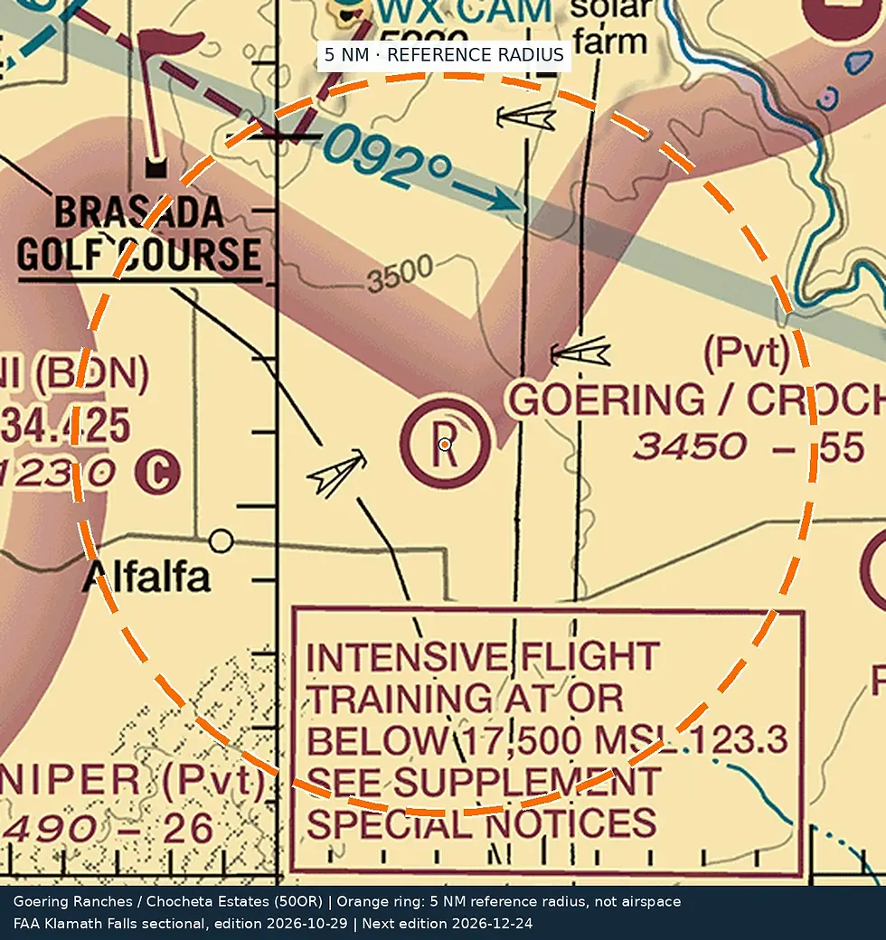 FAA sectional reference with a 5 nautical mile radius. Not for navigation.