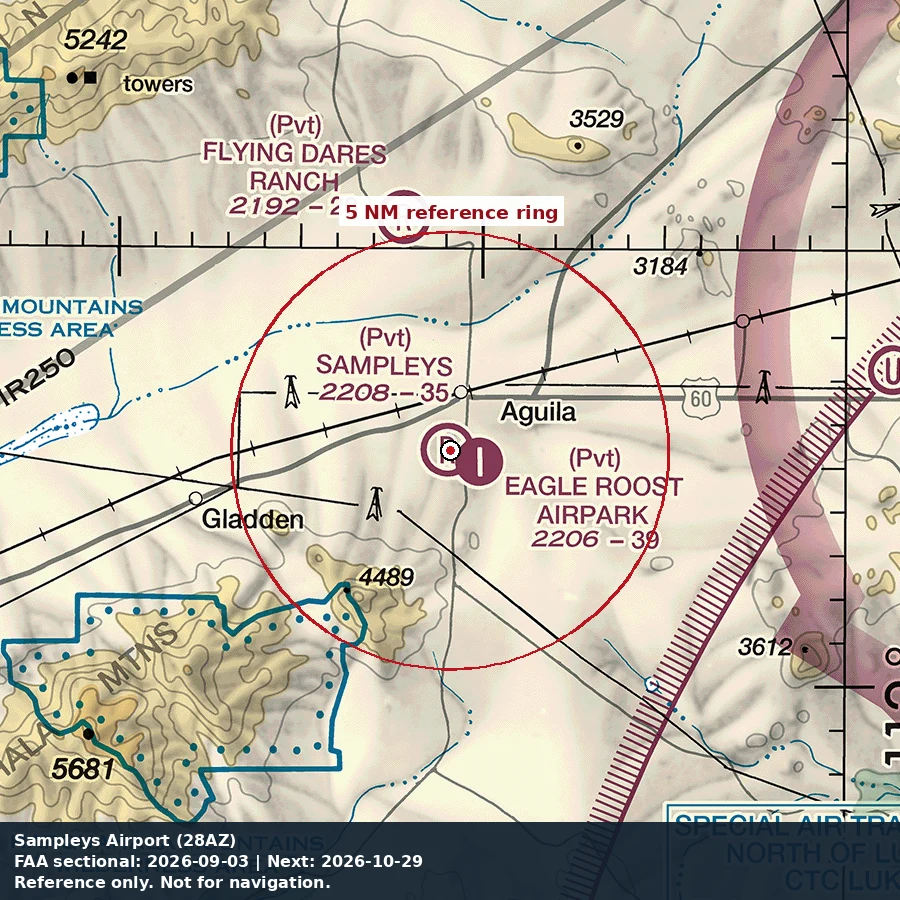 Sampley's Airport: 5 NM chart reference. Not for navigation.