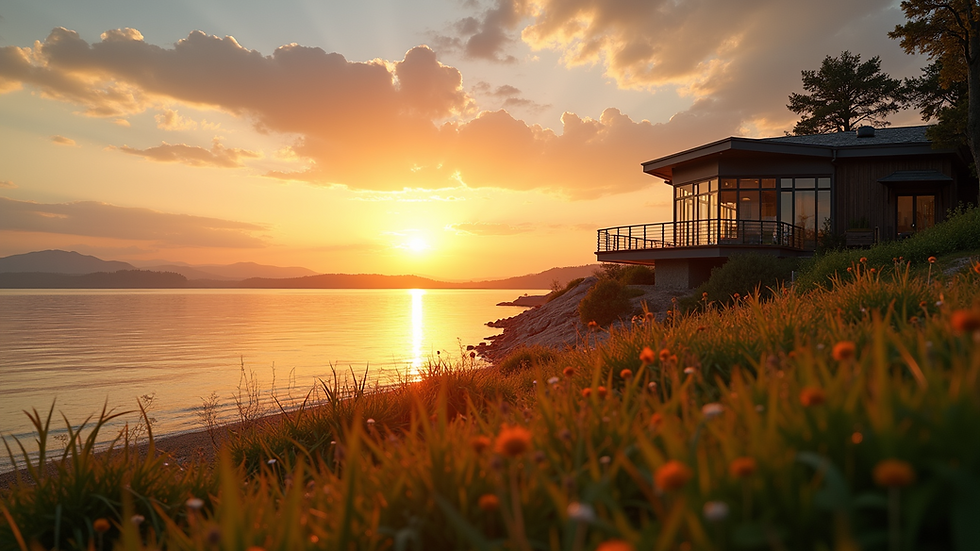 Eye-level view of a stunning waterfront property with a beautiful sunset