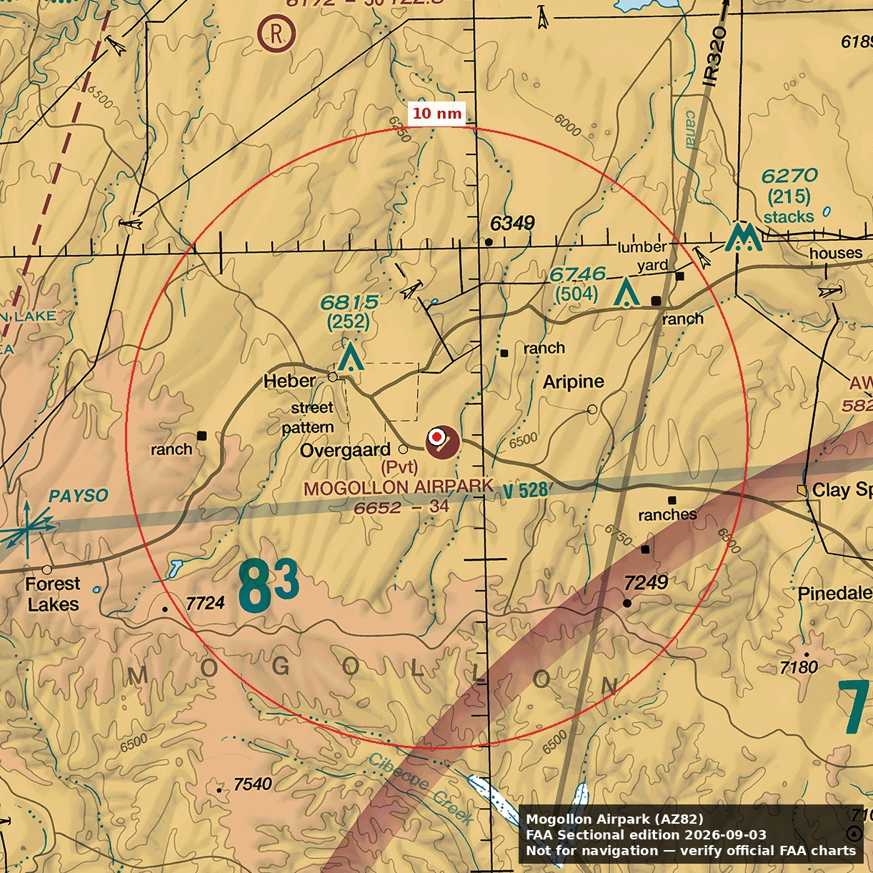 FAA sectional reference with a location-specific reference ring. Not for navigation.