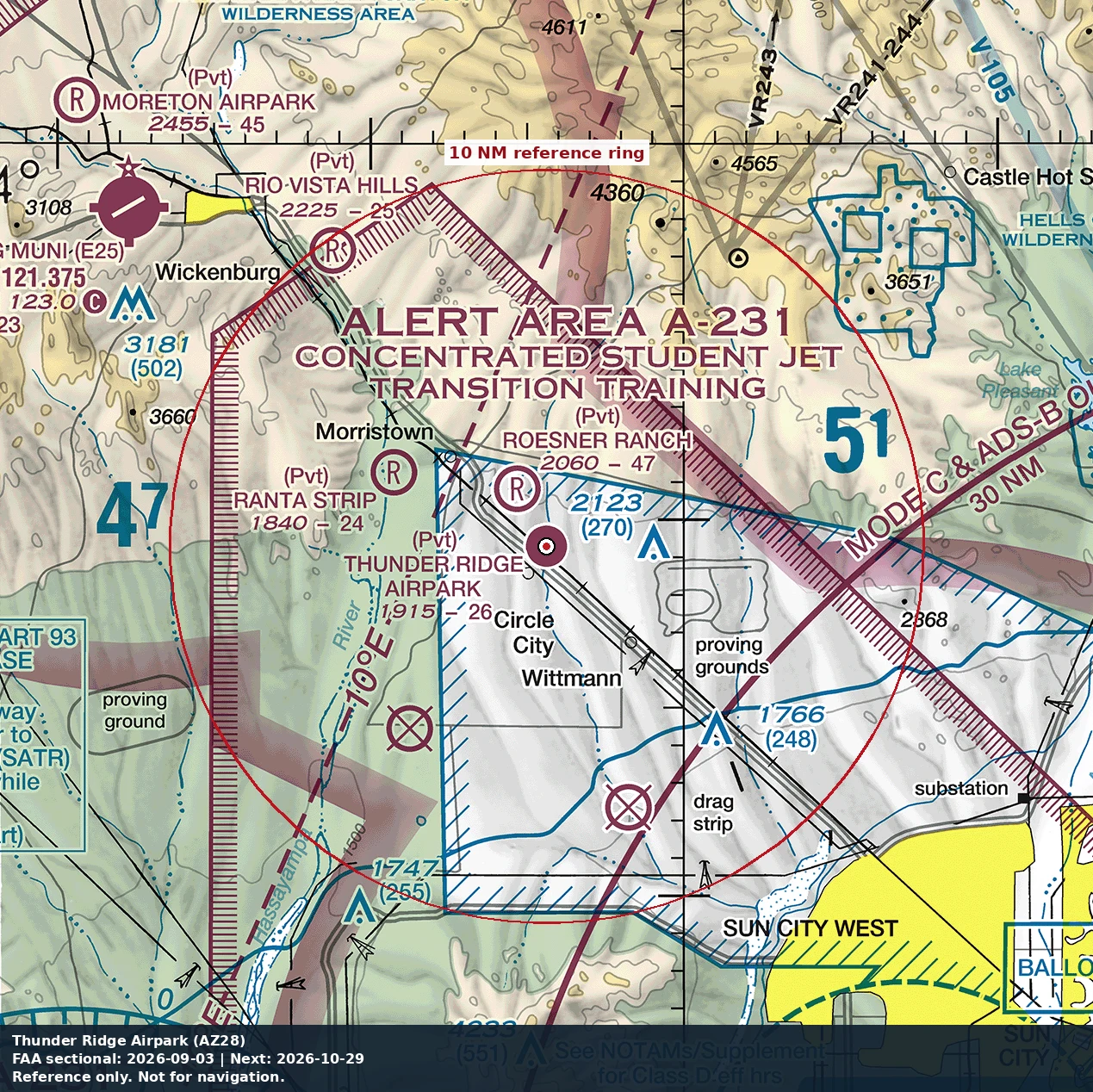 Thunder Ridge Airpark: 10 NM chart reference. Not for navigation.