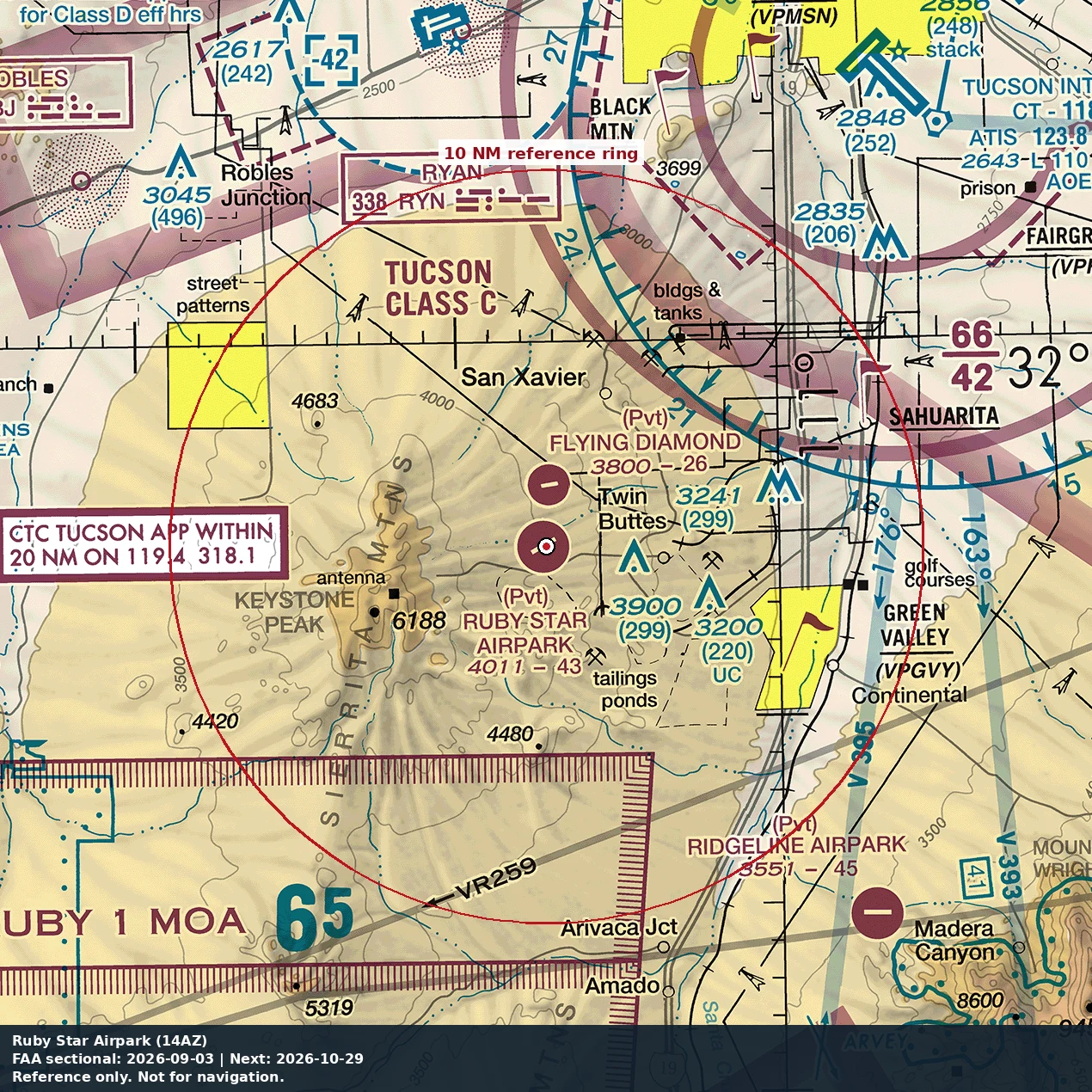 Ruby Star Airpark: 10 NM chart reference. Not for navigation.