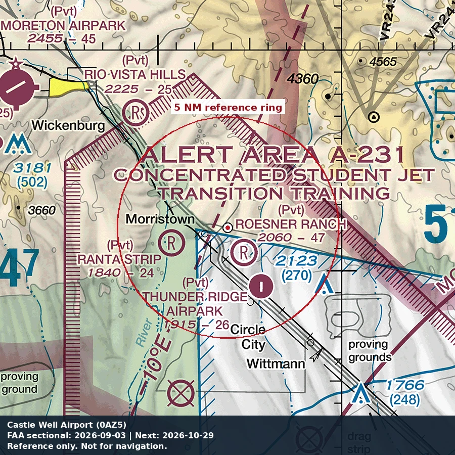 Castle Well Airport: 5 NM chart reference. Not for navigation.