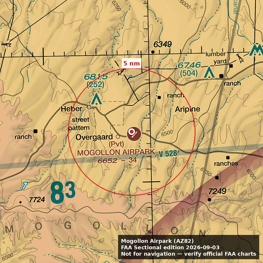 Mogollon Airpark · 5 NM reference ring. Not for navigation.