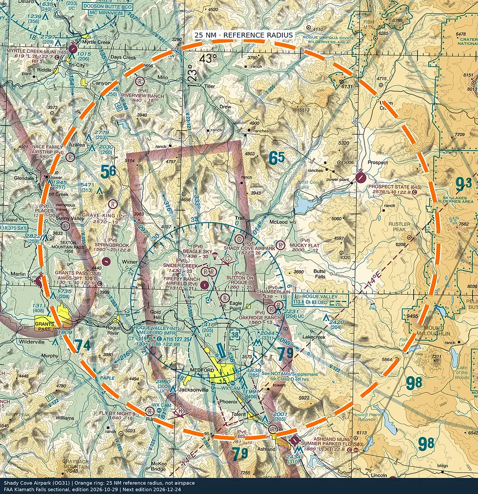 FAA sectional reference with a 25 nautical mile radius. Not for navigation.