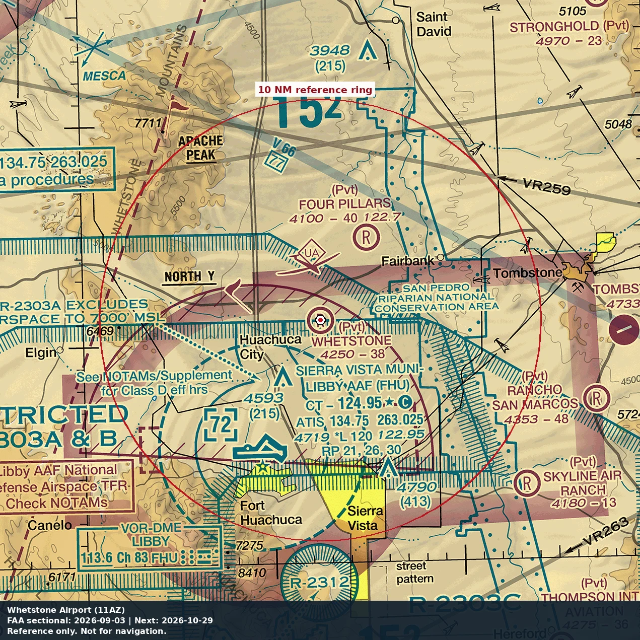 Whetstone Airpark: 10 NM chart reference. Not for navigation.