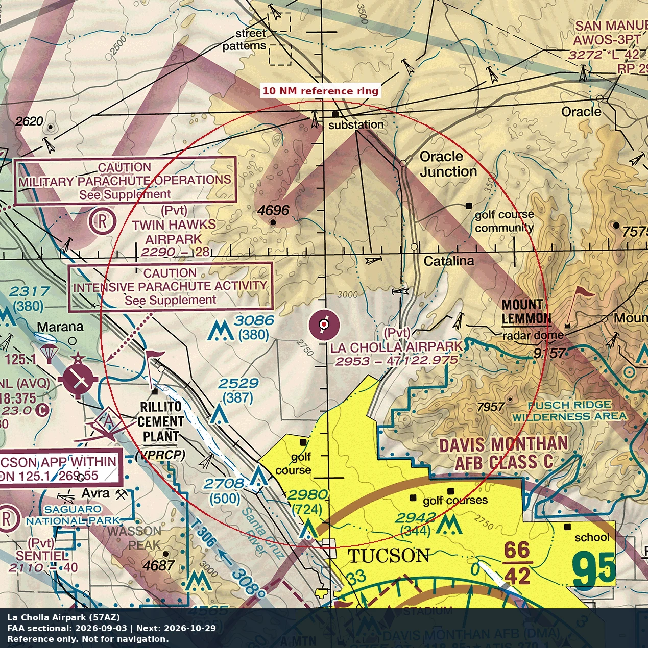 La Cholla Airpark: 10 NM chart reference. Not for navigation.