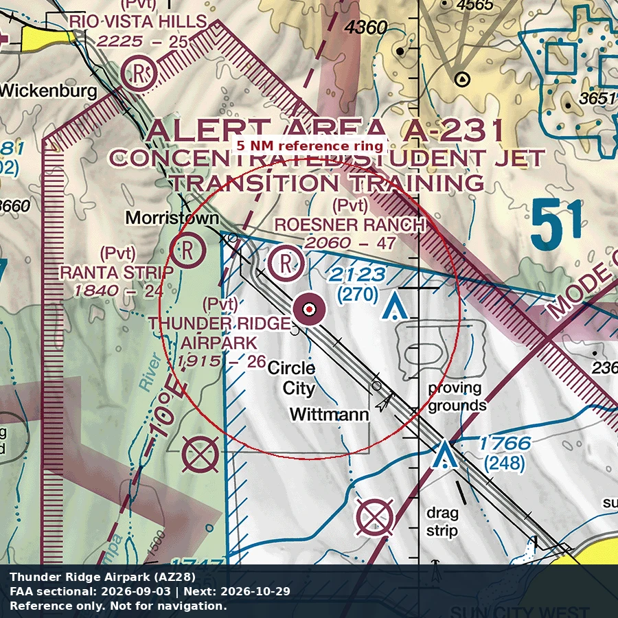 Thunder Ridge Airpark: 5 NM chart reference. Not for navigation.